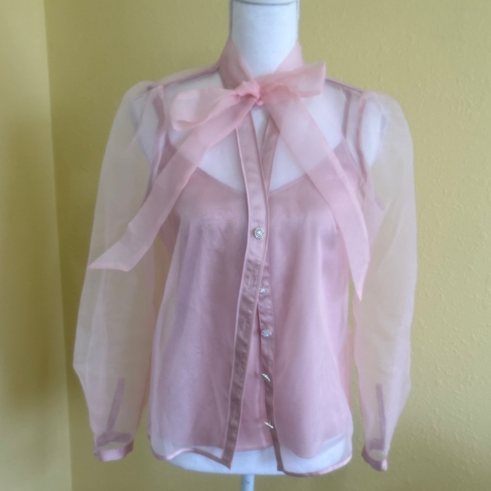 White House Black Market Sheer Pink Bow-Tie Blouse